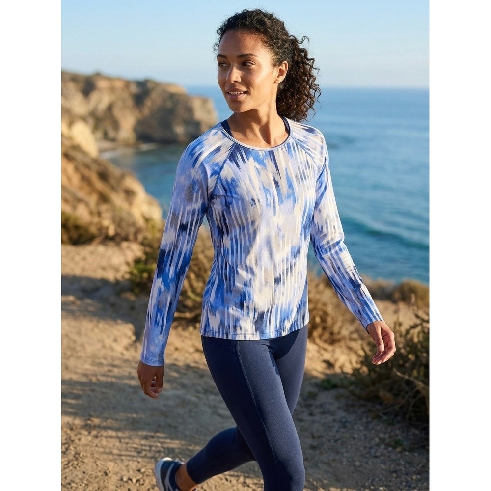 Athleta Pacifica Rashguard XL Blue White Abstract Print Long Sleeve Swim Top